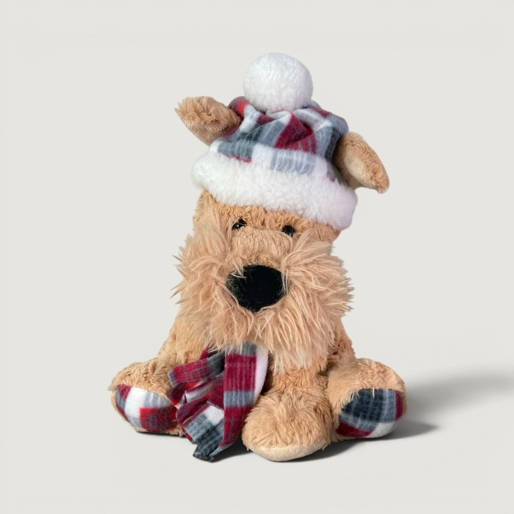Gentle Treasures Dog Plush Winter Medium Brown with Plaid Hat & Scarf